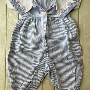 Vintage 90s Seersucker Sailboat Romper Jumpsuit Baby Girls Size 3 6 Months
